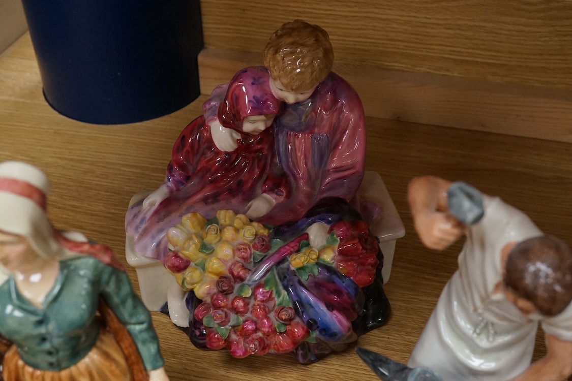 A collection of Royal Doulton figures to include The Railway Sleeper, Blacksmith, Biddy Pennyfarthing, Nurse, French Peasant, etc, largest 24cm high